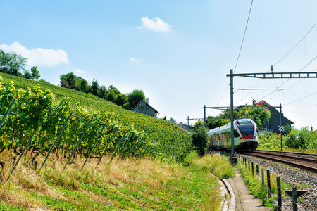 Lavaux, Switzerland - August 30, 2016: Running train near Lavaux Vineyard Terrace hiking trail, Lavaux-Oron district in Swissのeditorial素材
