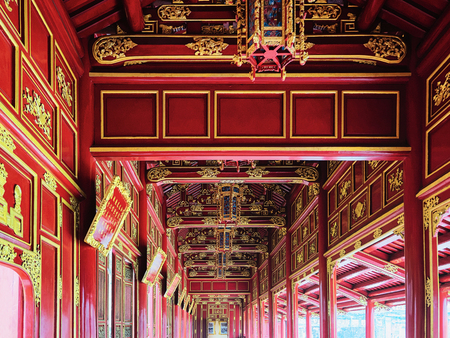 Hue, Vietnam - February 19, 2016: Red hall entrance in Emperial city Kinh thanh in Hue, in Vietnamのeditorial素材