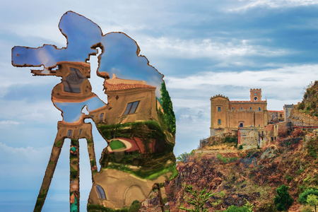 Savoca, Italy - September 27, 2017: Statue of movie maker in c village, Sicily, Italyのeditorial素材