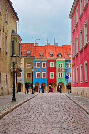 Poznan, Poland - May 6, 2014: Colorful buildings on Old Market Square in the old town center of Poznan, Poland.のeditorial素材