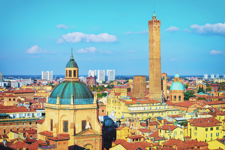 Panoramic view on the old city center of Bologna with San Petronio Basilica, Emilia-Romagna, Italy