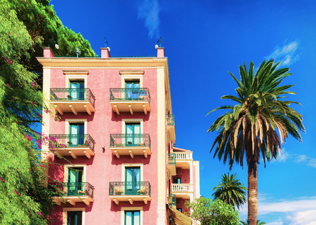 Building and palm tree in Taormina, Sicily, Italyのeditorial素材