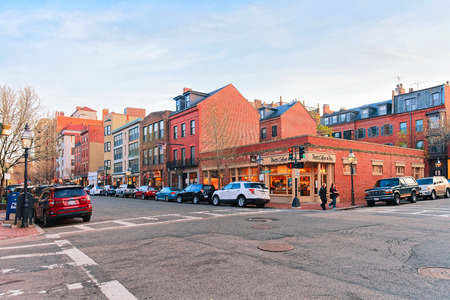 Boston, USA - April 28, 2015: Crossroads of Mount Vernon Street with Charles Street in Beacon Hill neighborhood in downtown Boston, MA, the USAのeditorial素材