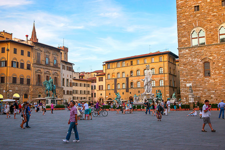 Florence, Italy - August 29, 2012: Neptune and other statues on Square of Signora in Florence in Italy, summertimeのeditorial素材