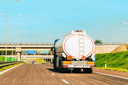 Warsaw, Poland - September 3, 2016: Tanker storage truck on the roadway, Polandのeditorial素材