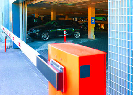 Vilnius, Lithuania - June 06, 2017: Gate crossing of modern parking in the business center. Vilnius