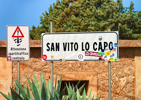 San Vito lo Capo, Italy - September 16, 2017: San Vito lo Capo road sign in Sicilyのeditorial素材