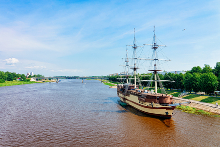 Ship at Volkhov River in Veliky Novgorod in Russiaのeditorial素材