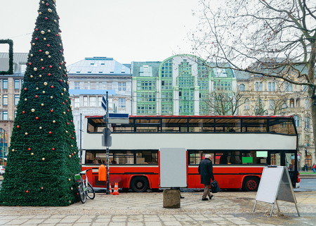 City tour touristic bus in Berlin at Christmas, Germany.のeditorial素材