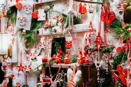 Glass Christmas Tree Decorations on Night Market in Gendarmenmarkt in Winter Berlin, Germany. Advent Fair and Bazaar Stalls with Craft Items.の写真素材