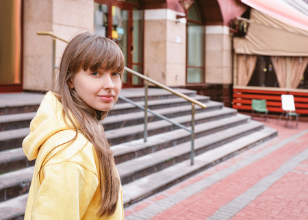 Young lady on Old Arbat Street in Moscow, Russia.のeditorial素材