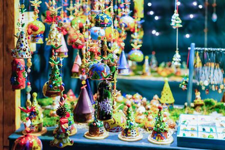 Berlin, Germany - December 8, 2017: Glass Christmas Tree Decorations at Night Market of Gendarmenmarkt in Winter Berlin, Germany. Advent Fair and Bazaar Stalls with Craft Items.のeditorial素材