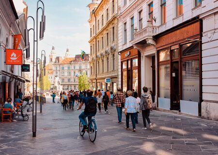 Ljubljana, Slovenia - April 27, 2018: People in Presernov Square in the historical center of...
