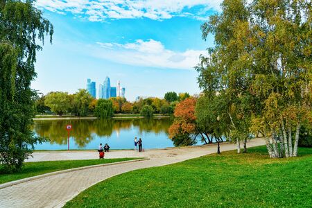 Moscow, Russia - September 20, 2015: Moscow City skyscrapers and Park near Novodevichy Pond in Moscow in Russiaのeditorial素材