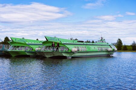 Kizhi, Russia - June 12, 2015: Ships and hotels on Onega Lake and the Nature of Karelia, Russiaのeditorial素材