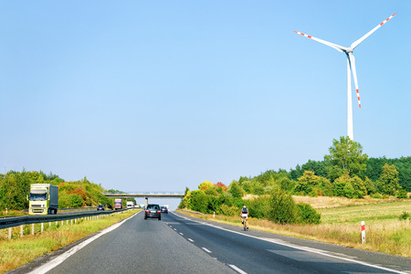 Wind mills and highway road in South Moravia, Czech Republic.