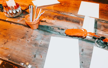 Table in the room with pencils and paper on the table at Santa Claus Park in Rovaniemi that is in Lapland in Finland on the Arctic pole circleの写真素材