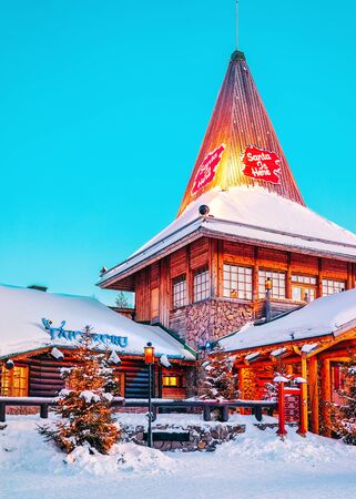 Rovaniemi, Finland - March 5, 2017: Christmas tree at Santa Office at Santa Claus Village. Lapland, Finland, on Arctic Circle in winter.のeditorial素材