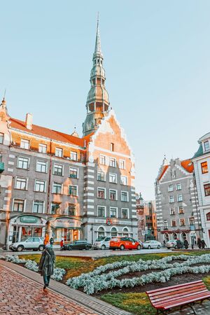 Riga, Latvia - December 26, 2014: Cityscape with St Peter church in Riga in Latvia in winter.のeditorial素材
