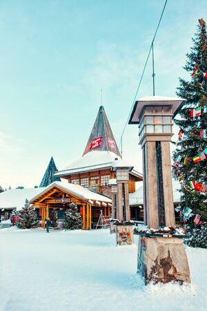 Rovaniemi, Finland - March 5, 2017: Lanterns on Arctic Circle in Santa Office at Santa Claus Village. Lapland, Finland, on Arctic Circle in winter.のeditorial素材