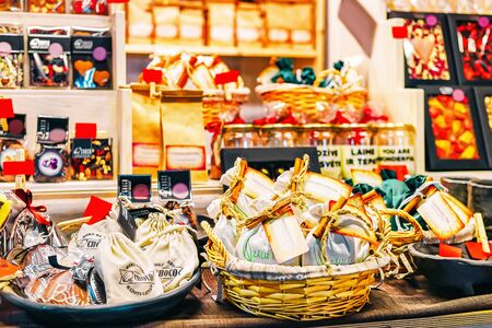 Riga, Latvia - December 26, 2015: Herbs tea and choco coffee beans stall on Christmas market in Riga in Latvia in winter.のeditorial素材
