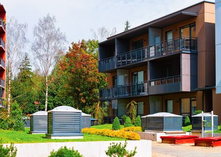 Vilnius, Lithuania - September 9, 2018: Modern residential apartment and house building complex and outdoor facility concept.のeditorial素材