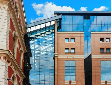 Riga, Latvia - December 28, 2017: Modern glass building architecture in the city center in Riga, Latvia.のeditorial素材