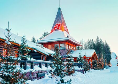 Rovaniemi, Finland - March 6, 2017: Santa Office and Christmas trees in Santa Claus Village. Rovaniemi, Lapland, Finland, on Arctic Circle in winter. Outdoorのeditorial素材