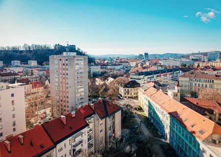 Ljubljana, Slovenia - January 15, 2019: Panoramic view on the city center in Ljubljana and mountains in Slovenia.のeditorial素材