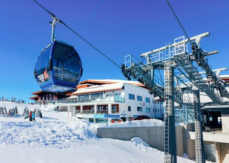 Hintertux, Austria - February 5, 2019: Ski lift in Hintertux Glacier ski resort in Zillertal in Tyrol in Austria in winter in Alps. Alpine mountains with snow. Downhill fun. Family vacation.のeditorial素材