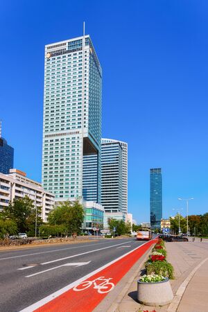Warsaw, Poland - August 29, 2018: Street with modern skyscrapers in Downtown of Warsaw city in Poland.のeditorial素材