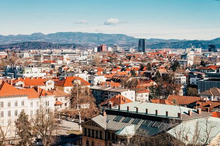 Ljubljana, Slovenia - January 15, 2019: Panoramic view on the cityscape in Ljubljana and mountains in Slovenia.のeditorial素材