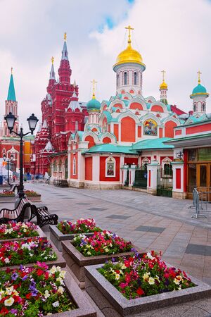 Moscow, Russia - August 16, 2014: Kazan Cathedral and State Historical Museum on the Red Square at the Kremlin in Moscow city in Russia in the morning.のeditorial素材