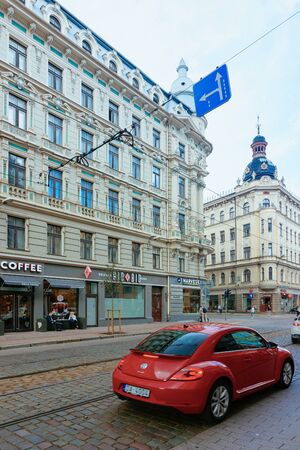 Riga, Latvia - September 1, 2018: New red Beetle Volkswagen in the street of Riga in Latvia.のeditorial素材