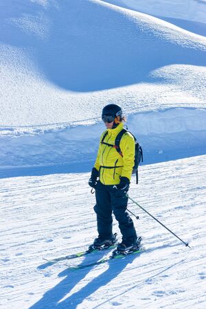 Hintertux, Austria - February 5, 2019: Man Skier at Hintertux Glacier ski resort at Zillertal in Tyrol. Austria in winter in Alps. Person at Alpine mountains with snow. Hintertuxer Gletscherのeditorial素材