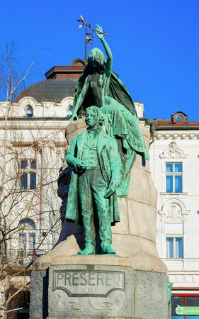 Ljubljana, Slovenia - January 15, 2019: Statue of France Preseren on Presernov Trg Square in Ljubljana old town street, Slovenia. View of Sculpture of national poet. Figurine at capital cityのeditorial素材