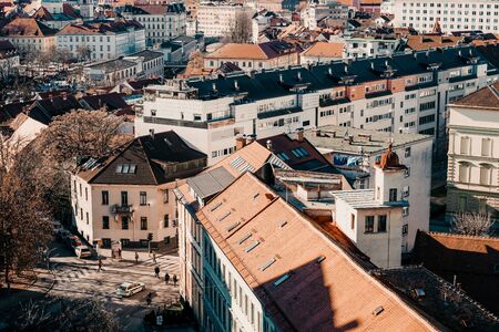 Ljubljana, Slovenia - January 15, 2019: Panoramic view of the city center of Ljubljana in Slovenia.のeditorial素材