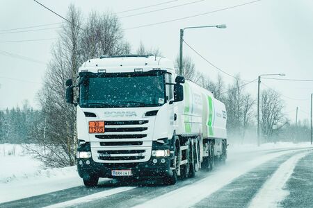 Rovaniemi, Finland - March 1, 2017: Truck at a Snowy winter Road in Finland, Lapland.のeditorial素材