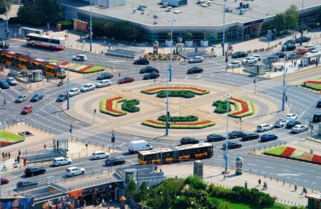 Warsaw, Poland - August 29, 2018: Traffic on the road with rotary motion in Warsaw city center in Poland.のeditorial素材