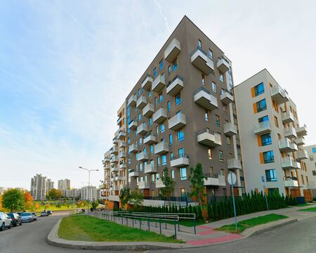 Vilnius, Lithuania - October 8, 2018: Apartment home residential building complex real estate concept. A Street car parking.のeditorial素材