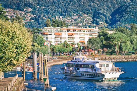 Ascona, Switzerland - August 23, 2016: Excursion passenger ferry on Ascona luxury tourist resort in Lake Maggiore, Ticino canton in Switzerland in summer. Outdoor travel. Swiss sailing in cruise shipのeditorial素材