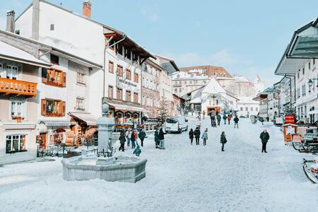 Gruyeres, Switzerland - December 31, 2014: Market place in the center of Gruyeres village.のeditorial素材