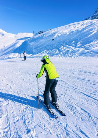 Hintertux, Austria - February 5, 2019: Man Skier on Hintertux Glacier ski resort in Zillertal in Tyrol. Austria in winter in Alps. Person at Alpine mountains with snow. Hintertuxer Gletscher.のeditorial素材