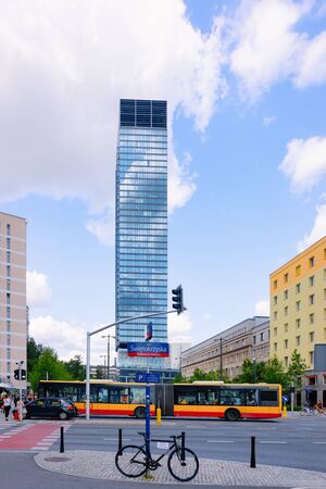 Warsaw, Poland - August 29, 2018: Bicycle, bus and cars on the road in Warsaw city center in Poland.のeditorial素材