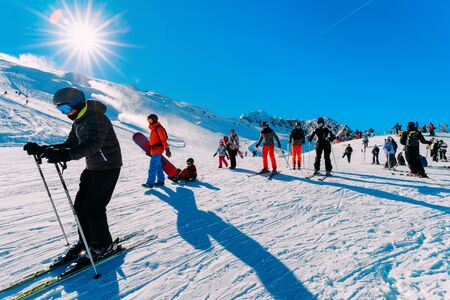 Hintertux, Austria - February 5, 2019: Skiers people at Hintertux Glacier ski resort, Zillertal in Tyrol. Austria in winter in Alps. Alpine mountains with snow. Hintertuxer Gletscherのeditorial素材