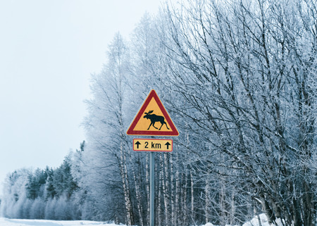Danger Reindeer Road sign in the countryside road in snowy winter Rovaniemi, Lapland, Finland.の写真素材