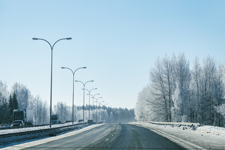 Driveway in snowy winter Lapland, Rovaniemi, Finlandの写真素材