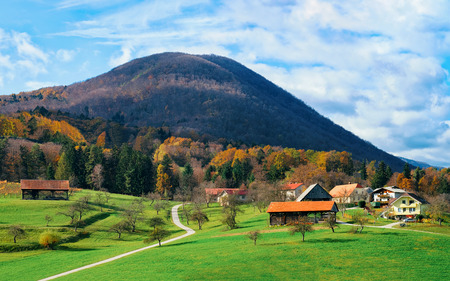 Beautiful landscape with Alps mountains near Bled Lake in Slovenia. Travel in Europeの写真素材