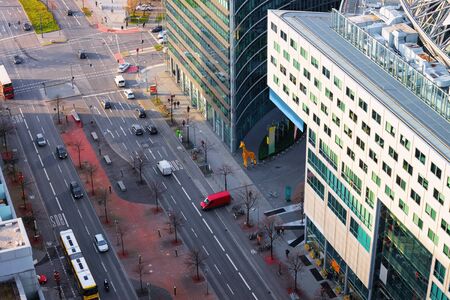 Aerial view of road with car traffic and modern building architecture in Potsdamer Platz Square in...