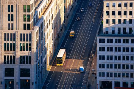 Aerial view to road with car traffic and modern building architecture in Potsdamer Platz Square in...